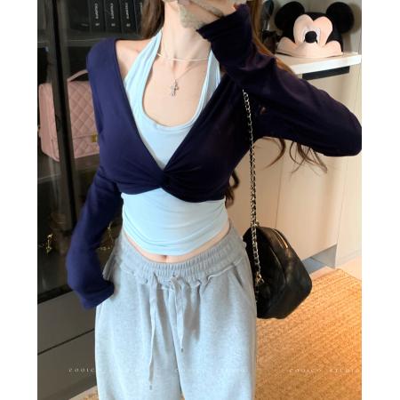 FA37599# 美式复古设计感假两件长袖T恤女秋季新款辣妹修身上衣 服裝批發女裝批發服飾貨源
