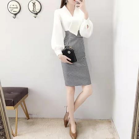 FA37607# 千金感OL通勤职业连衣裙女气质拼接格子长袖V领包臀裙子 服裝批發女裝批發服飾貨源
