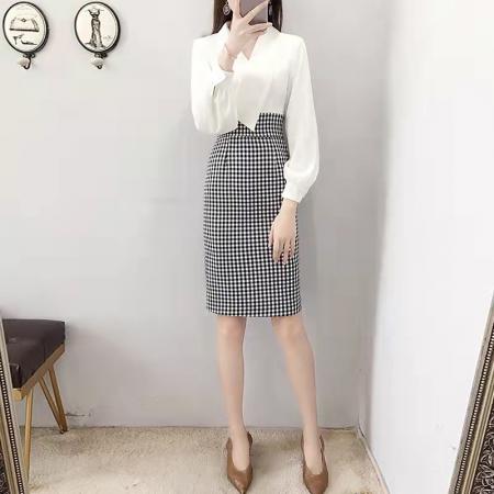 FA37607# 千金感OL通勤职业连衣裙女气质拼接格子长袖V领包臀裙子 服裝批發女裝批發服飾貨源