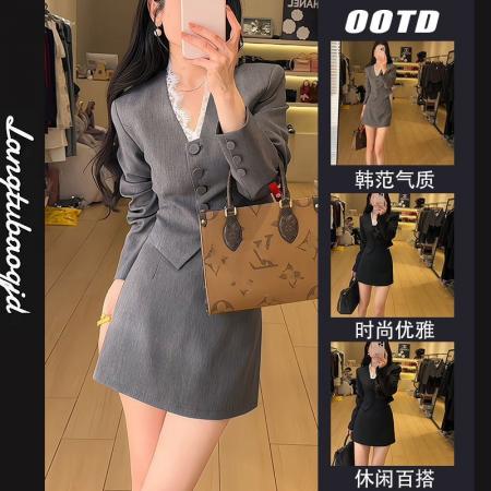 FA37611# 高级感气质套装女新款小个子v领蕾丝拼接外套高腰短裙两件套 服裝批發女裝批發服飾貨源