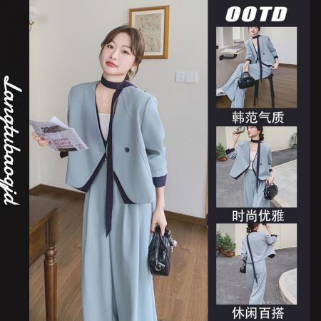 FA37612# 蓝色高级感穿搭时尚休闲显瘦上衣套装女春新款阔腿垂感长裤两件套 服裝批發女裝批發服飾貨源