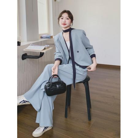 FA37612# 蓝色高级感穿搭时尚休闲显瘦上衣套装女春新款阔腿垂感长裤两件套 服裝批發女裝批發服飾貨源