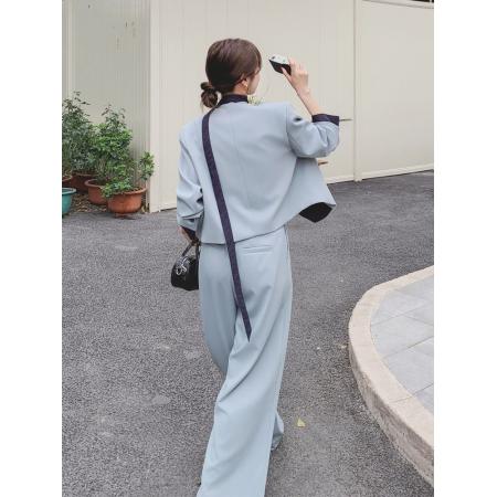 FA37612# 蓝色高级感穿搭时尚休闲显瘦上衣套装女春新款阔腿垂感长裤两件套 服裝批發女裝批發服飾貨源