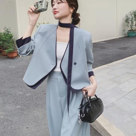 FA37612# 蓝色高级感穿搭时尚休闲显瘦上衣套装女春新款阔腿垂感长裤两件套 服裝批發女裝批發服飾貨源