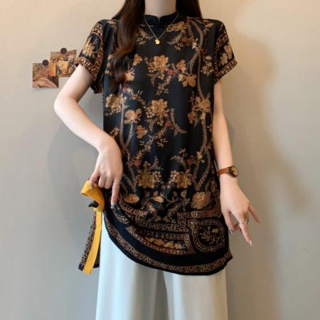 LN76247# 夏季新款大码女装复古国风新中式印花立领中长款衬衫上衣