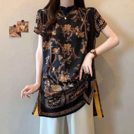 LN76247# 夏季新款大码女装复古国风新中式印花立领中长款衬衫上衣