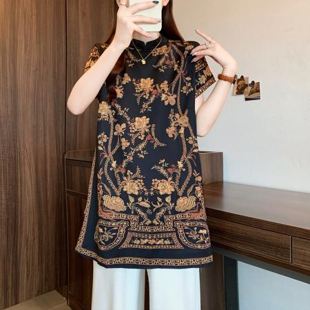 LN76247# 夏季新款大码女装复古国风新中式印花立领中长款衬衫上衣