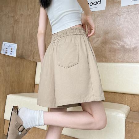 LN76248# 纯棉五分工装裤高腰运动短裤休闲棉裤松紧腰阔腿短裤白裤