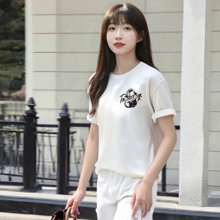 LN76250# 精梳棉短袖T恤青年女女款夏季ins潮牌痞帅宽松圆领上衣