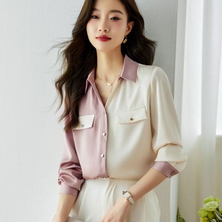 LN76252# 时尚V领衬衫女秋装新款缎面拼接长袖设计感复古上衣