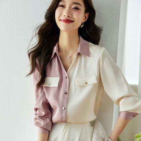 LN76252# 时尚V领衬衫女秋装新款缎面拼接长袖设计感复古上衣
