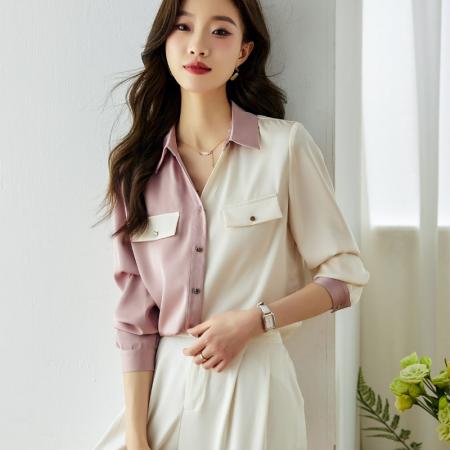 LN76252# 时尚V领衬衫女秋装新款缎面拼接长袖设计感复古上衣