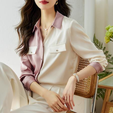 LN76252# 时尚V领衬衫女秋装新款缎面拼接长袖设计感复古上衣