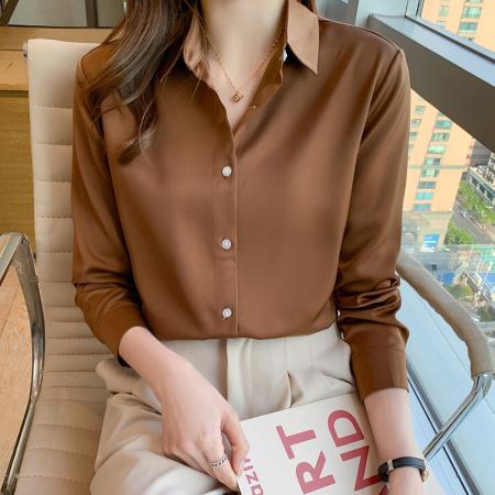 LN76254# 衬衫女长袖春秋新款醋酸缎面法式复古衬衣设计感小众