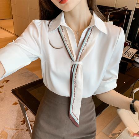 LN76257# 白色衬衣女高级感秋季新款长袖v领雪纺衬衫职业气质春秋上衣