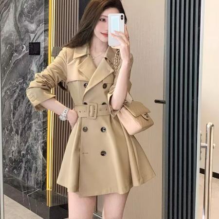 FA37615# 都市线秋装复古卡其色西装领风衣外套中长款风衣裙女 服裝批發女裝批發服飾貨源