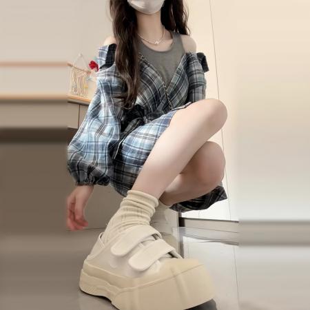 FA37616# 不规则假两件格子衬衫连衣裙女韩系设计感收腰露肩短裙子春秋 服裝批發女裝批發服飾貨源