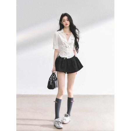 FA37627# 少也眼英梨情书法式蕾丝短袖条纹衬衫女夏季V领显瘦通勤防晒上衣 服裝批發女裝批發服飾貨源