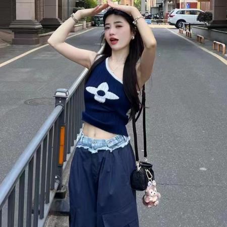 FA37628# 韩版时尚斜肩印花针织上衣牛仔拼接阔腿工装裤两件套女夏新款套装 服裝批發女裝批發服飾貨源