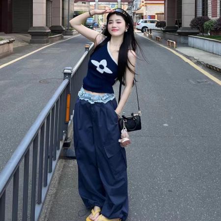 FA37628# 韩版时尚斜肩印花针织上衣牛仔拼接阔腿工装裤两件套女夏新款套装 服裝批發女裝批發服飾貨源