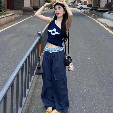 FA37628# 韩版时尚斜肩印花针织上衣牛仔拼接阔腿工装裤两件套女夏新款套装 服裝批發女裝批發服飾貨源