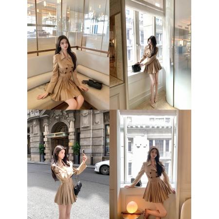 FA37633# 热狗很辣原创留兰冰咖风衣百褶连衣裙女可当外套 服裝批發女裝批發服飾貨源