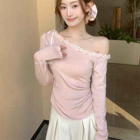 FA37638# 秋上新蕾丝花边系带斜肩针织衫T恤小衫 服裝批發女裝批發服飾貨源