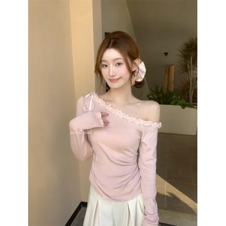 FA37638# 秋上新蕾丝花边系带斜肩针织衫T恤小衫 服裝批發女裝批發服飾貨源