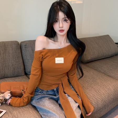 FA37645# 秋季新款不规则斜领长袖绑带T恤显瘦时尚辣妹打底衫上衣 服裝批發女裝批發服飾貨源