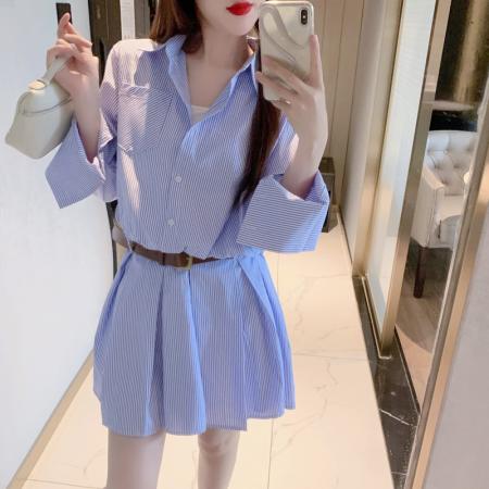 FA37647# polo领蓝白撞色条纹长袖衬衫连衣裙子百褶裙摆腰带 服裝批發女裝批發服飾貨源