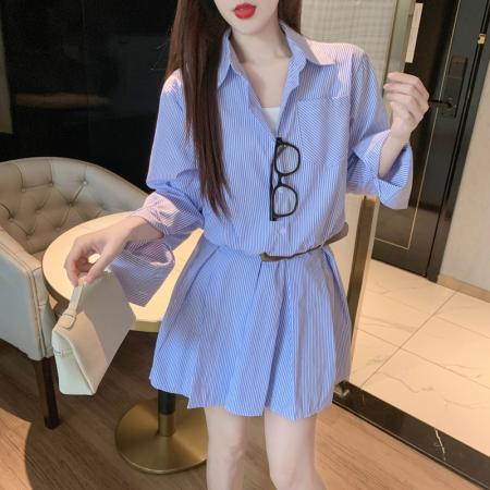 FA37647# polo领蓝白撞色条纹长袖衬衫连衣裙子百褶裙摆腰带 服裝批發女裝批發服飾貨源