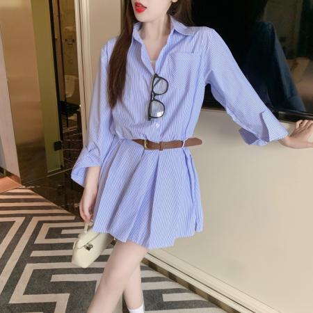 FA37647# polo领蓝白撞色条纹长袖衬衫连衣裙子百褶裙摆腰带 服裝批發女裝批發服飾貨源