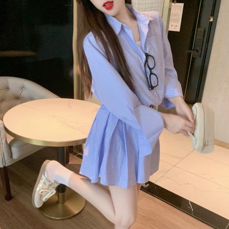 FA37647# polo领蓝白撞色条纹长袖衬衫连衣裙子百褶裙摆腰带 服裝批發女裝批發服飾貨源