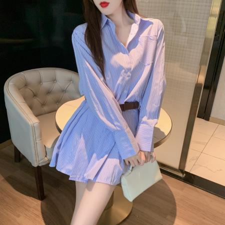 FA37647# polo领蓝白撞色条纹长袖衬衫连衣裙子百褶裙摆腰带 服裝批發女裝批發服飾貨源