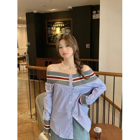 FA37648# 秋季新款韩版条纹一字领衬衫宽松显瘦女上衣 服裝批發女裝批發服飾貨源