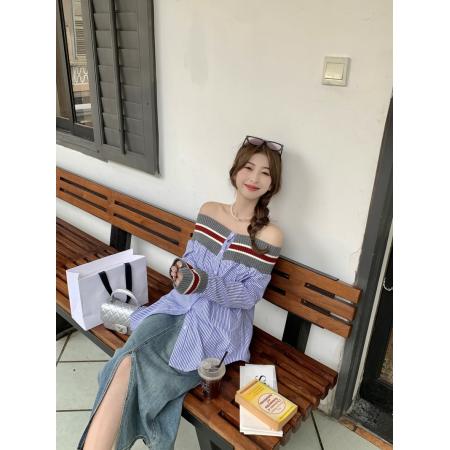 FA37648# 秋季新款韩版条纹一字领衬衫宽松显瘦女上衣 服裝批發女裝批發服飾貨源