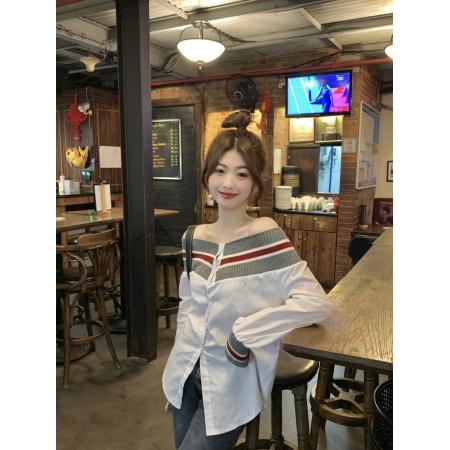 FA37648# 秋季新款韩版条纹一字领衬衫宽松显瘦女上衣 服裝批發女裝批發服飾貨源