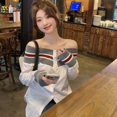 FA37648# 秋季新款韩版条纹一字领衬衫宽松显瘦女上衣 服裝批發女裝批發服飾貨源