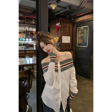 FA37648# 秋季新款韩版条纹一字领衬衫宽松显瘦女上衣 服裝批發女裝批發服飾貨源