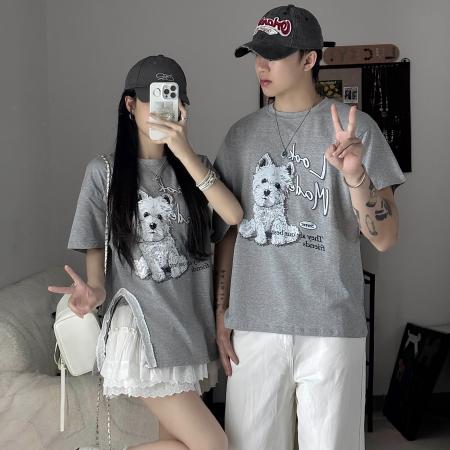 FA37649# 情侣装小众设计感蕾丝开叉气质短袖小狗印花灰色针织衫 服裝批發女裝批發服飾貨源