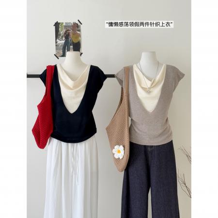FA37651# 气质荡领撞色假两件坎肩针织衫女夏季新款柔软舒适高级感上衣 服裝批發女裝批發服飾貨源