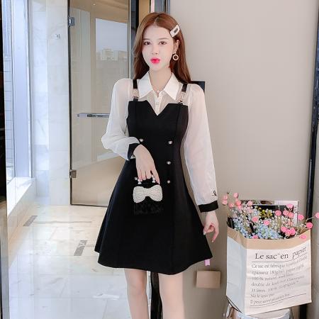 FA37653# 秋季新款假两件连衣裙女装秋款小个子收腰显瘦打底小黑裙 服裝批發女裝批發服飾貨源