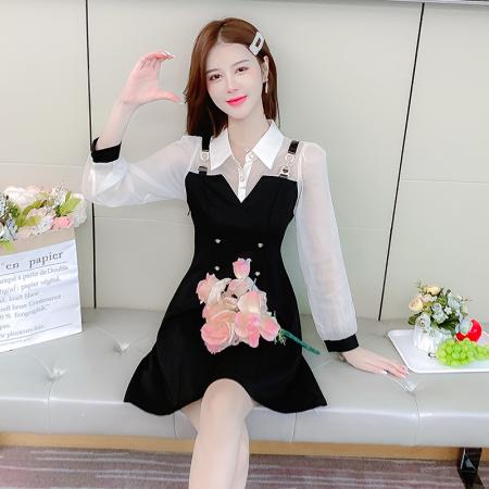 FA37653# 秋季新款假两件连衣裙女装秋款小个子收腰显瘦打底小黑裙 服裝批發女裝批發服飾貨源