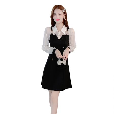 FA37653# 秋季新款假两件连衣裙女装秋款小个子收腰显瘦打底小黑裙 服裝批發女裝批發服飾貨源
