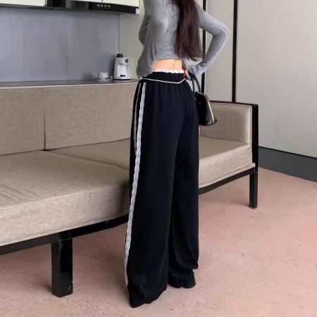 FA37659# 立体腰头蕾丝花边拼接条纹阔腿裤女秋季新款高腰直筒休闲运动裤 服裝批發女裝批發服飾貨源
