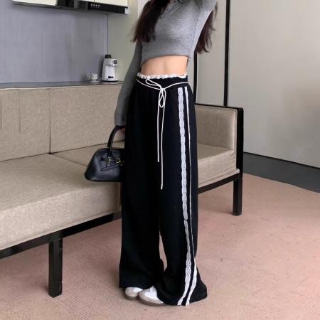 FA37659# 立体腰头蕾丝花边拼接条纹阔腿裤女秋季新款高腰直筒休闲运动裤 服裝批發女裝批發服飾貨源