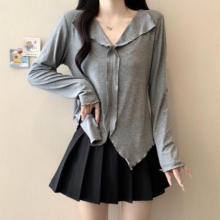 FA37662# 实秋季大码女装新款设计感翻领木耳边长袖T恤上衣 服裝批發女裝批發服飾貨源