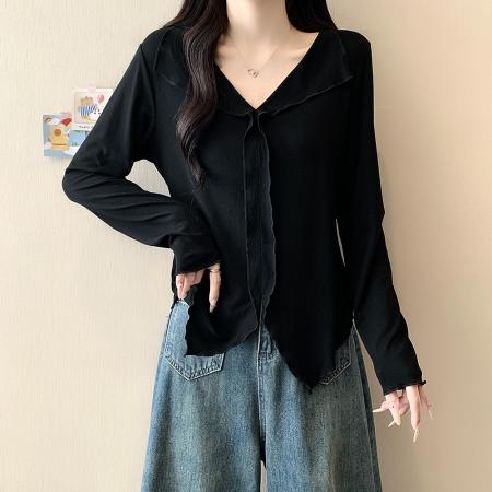 FA37662# 实秋季大码女装新款设计感翻领木耳边长袖T恤上衣 服裝批發女裝批發服飾貨源