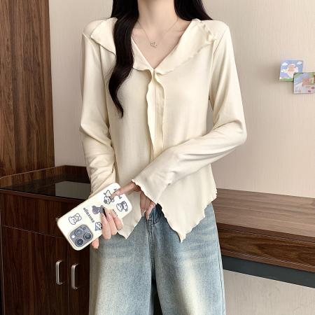 FA37662# 实秋季大码女装新款设计感翻领木耳边长袖T恤上衣 服裝批發女裝批發服飾貨源