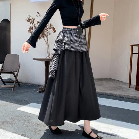 FA37664# 设计感小众格子拼接假两件中长款不规则半身裙高腰显瘦大摆裙 服裝批發女裝批發服飾貨源